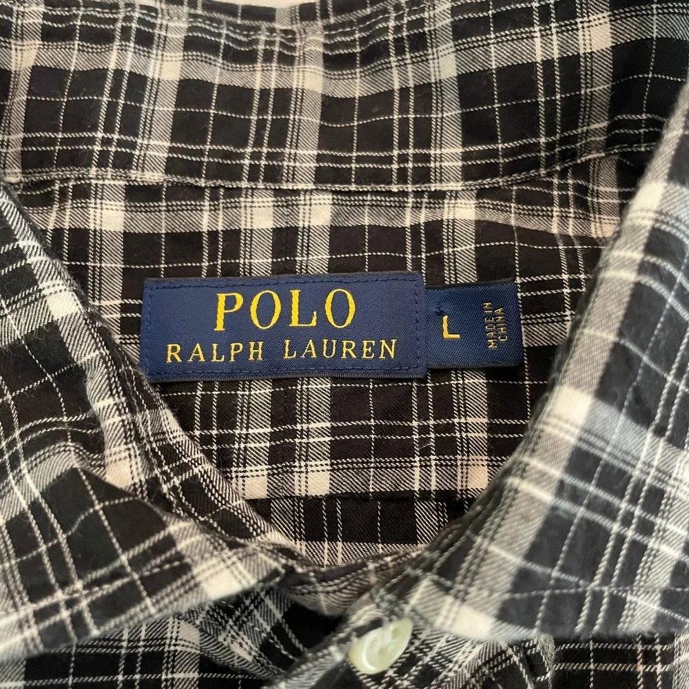 Polo Ralph Lauren Mens Black White Plaid Long Sleeve Button Down Shirt Size L